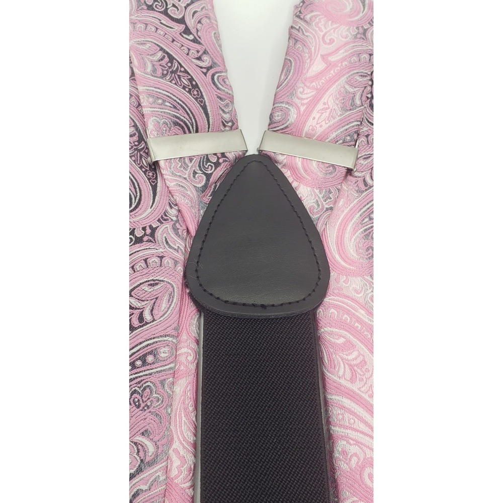 Silk Suspender Set Mens Pink Paisley Pre-tied Bow Tie Pocket Square Cufflinks - Picture 4 of 8